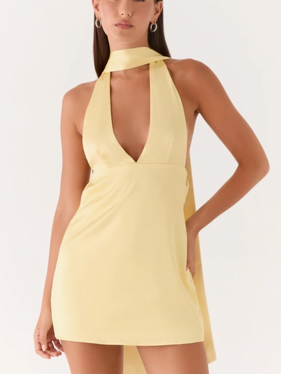 Peppermayo Dresses & Skirts - Peppermayo Alicia Satin Halter Mini Dress - Pastel Yellow
